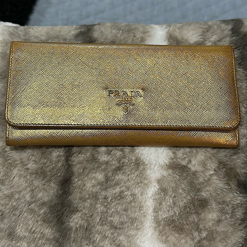PRADA Gold Saffiano Leather Flap Continental Wallet Authentic